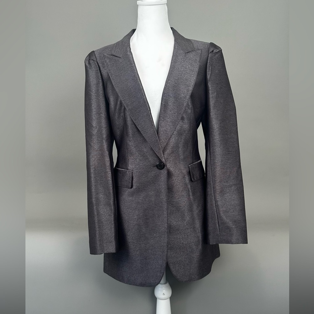 Vintage Calvin Klein Women's Shiny Silver Blazer Pant Suit Size 10 Gently Used